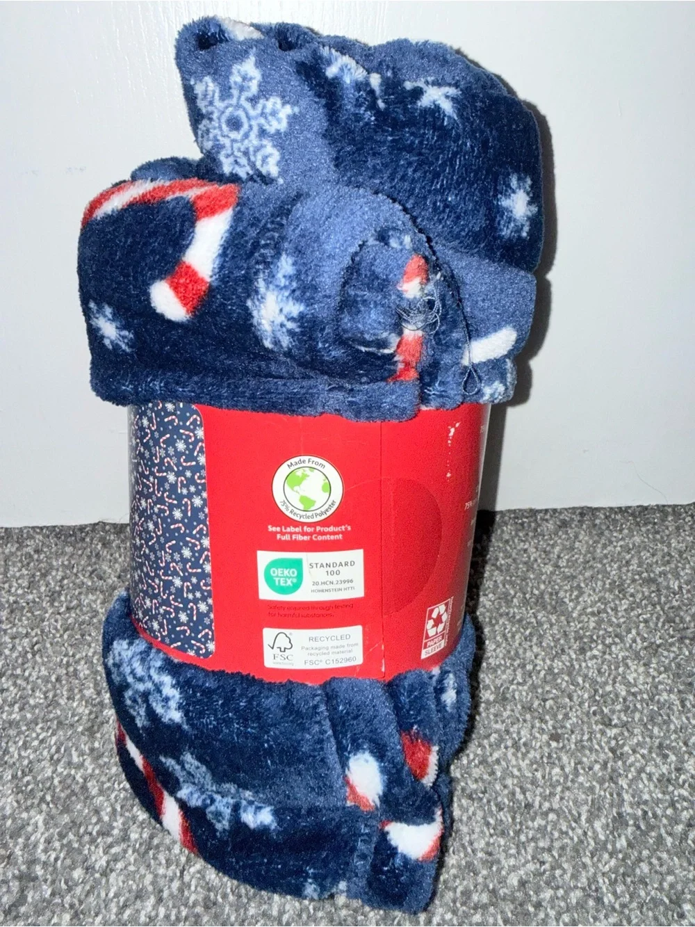 Holiday Time Plush Throw Blanket 50x60 Blue Candy Cane Snowflake Christmas NWT